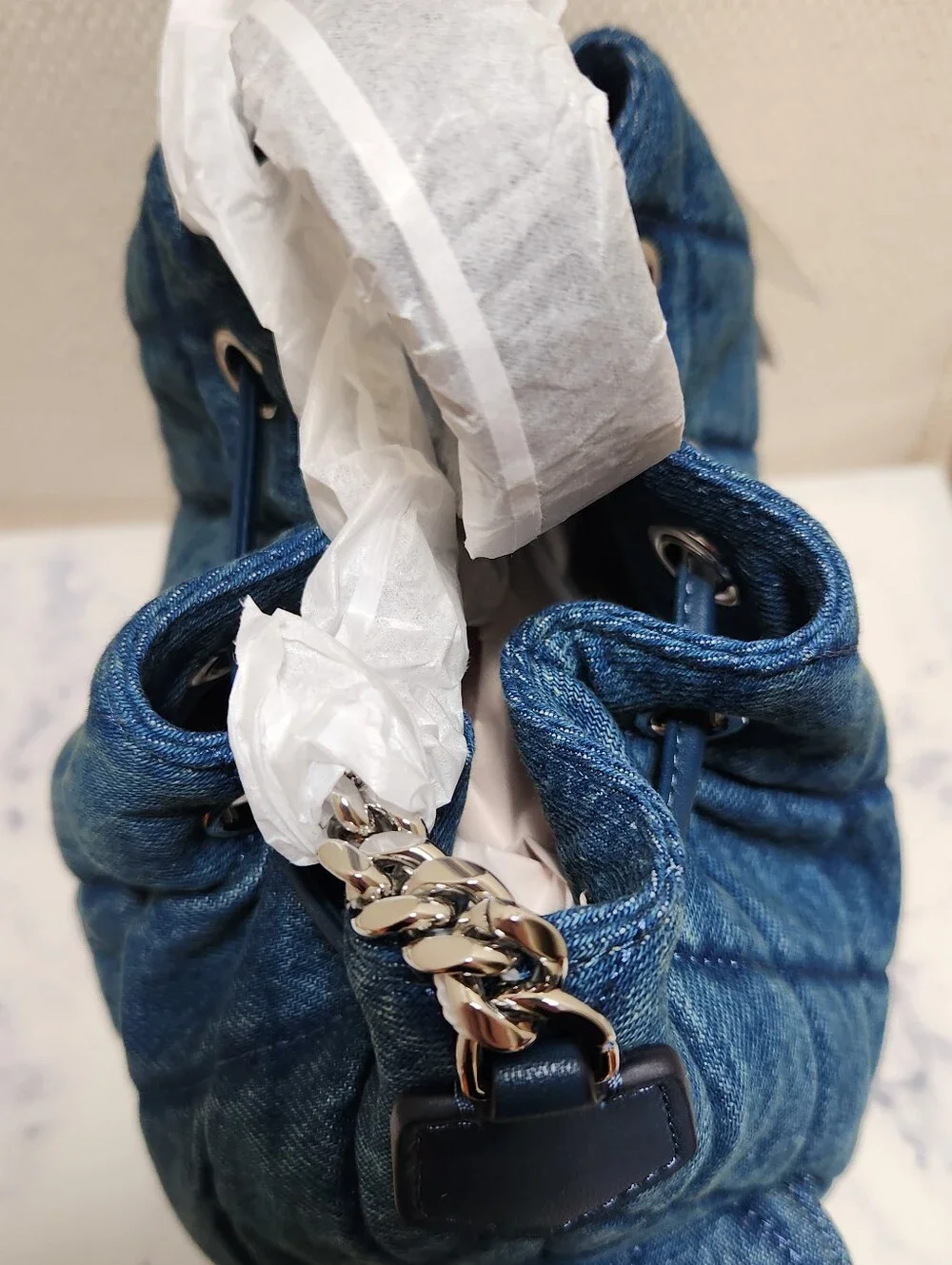Tory Burch Charlie Quilted Denim Drawstring Shoulder Bag